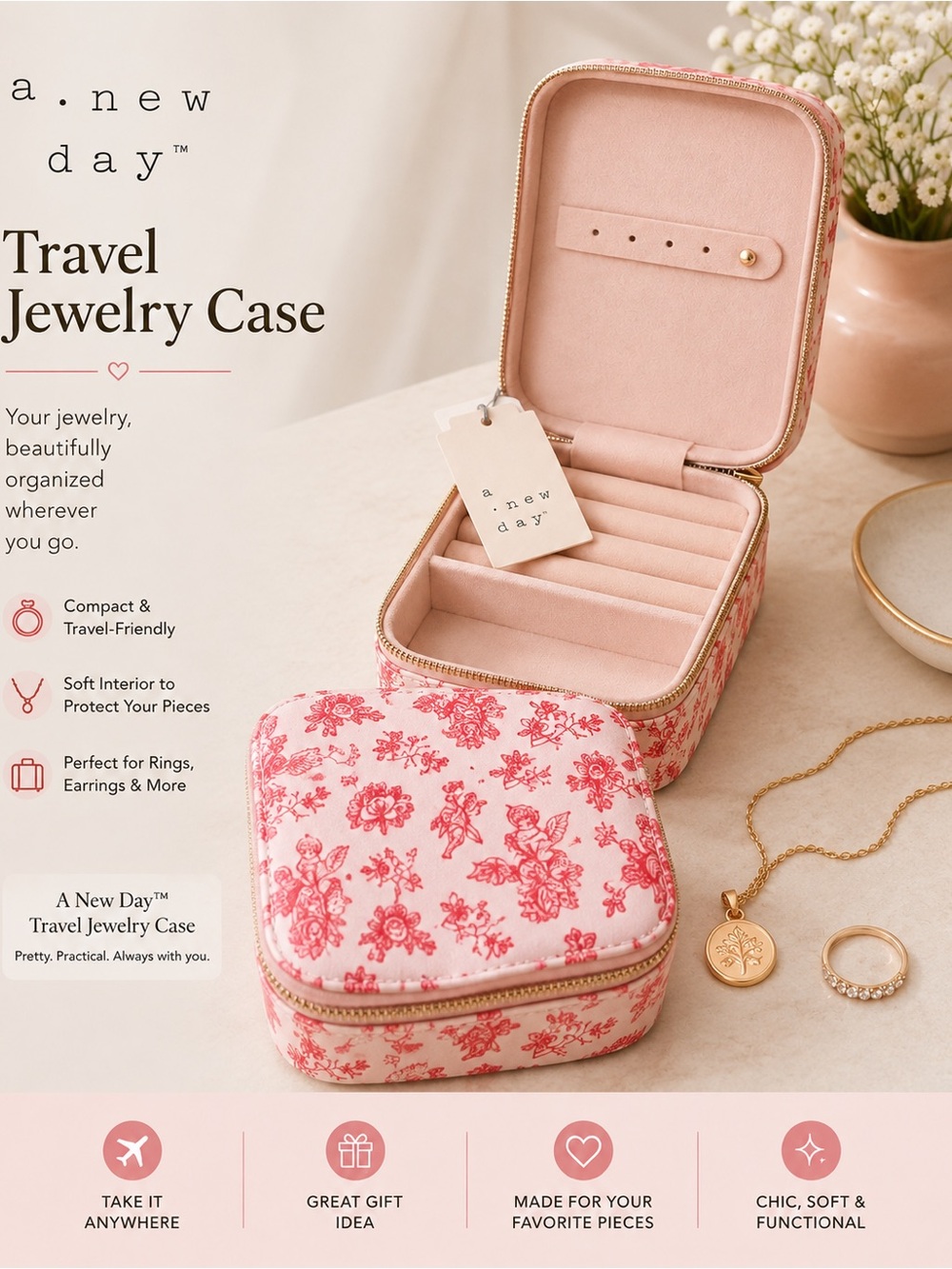 A New Day Pink Floral Travel Jewelry Case